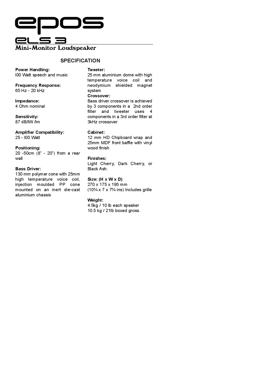 EPOS ELS Series manual Mini-Monitor Loudspeaker, Bass Driver, Size H x W x D 