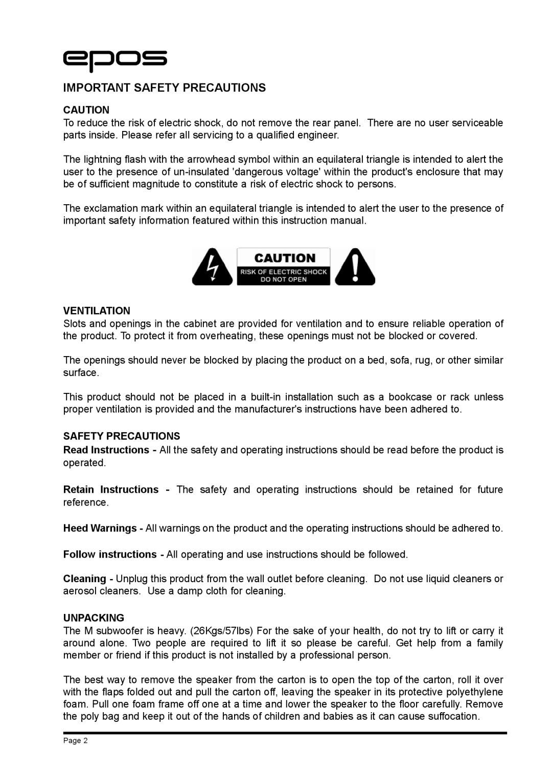 EPOS M Series manual Important Safety Precautions, Ventilation, Unpacking 