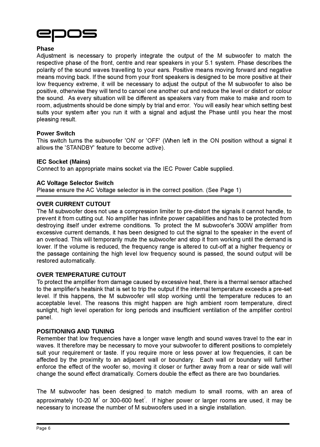 EPOS M Series manual Over Current Cutout, Over Temperature Cutout, Positioning and Tuning 