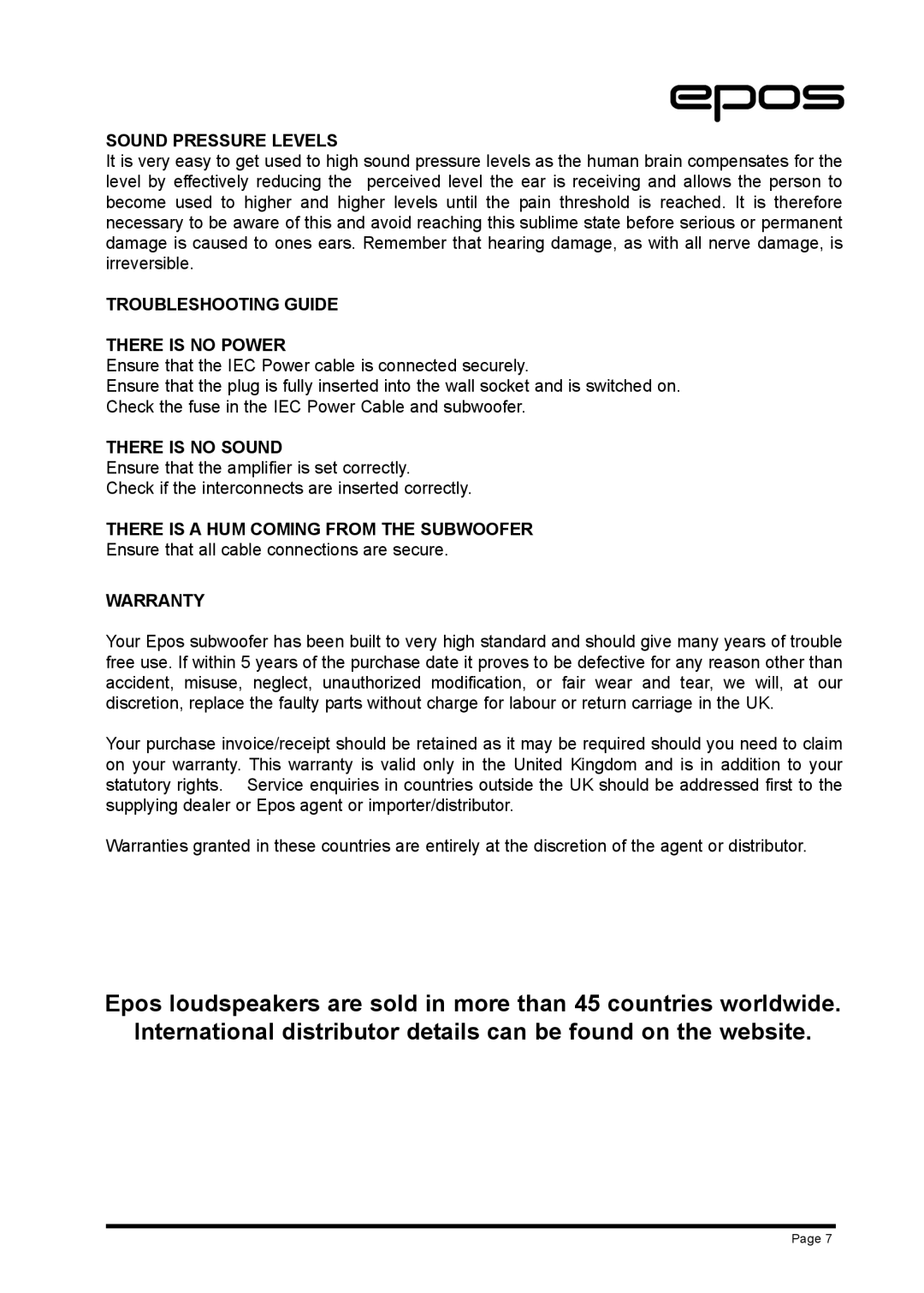 EPOS M Series manual Sound Pressure Levels, Troubleshooting Guide There is no Power, There is no Sound, Warranty 