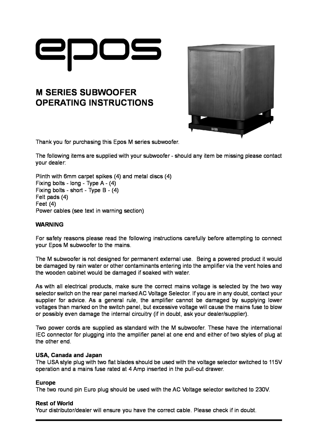 EPOS manual M Series Subwoofer Operating Instructions, USA, Canada and Japan, Europe, Rest of World 