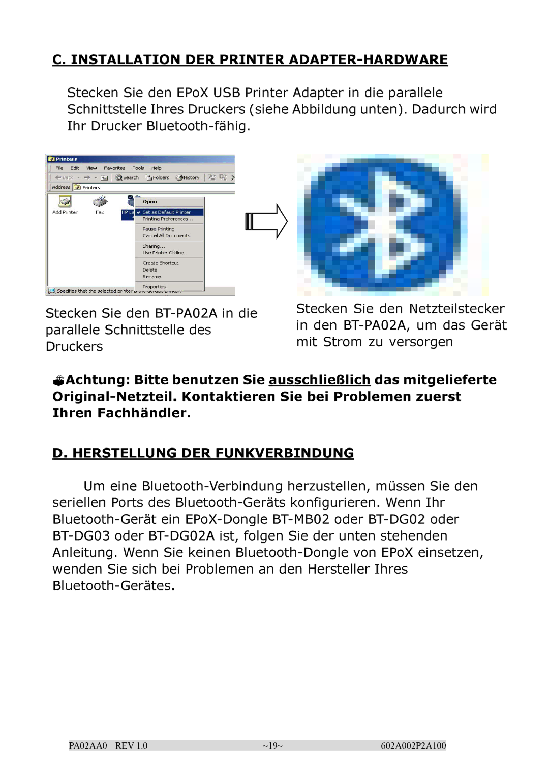 EPoX Computer BT-PA02A manual Installation DER Printer ADAPTER-HARDWARE 