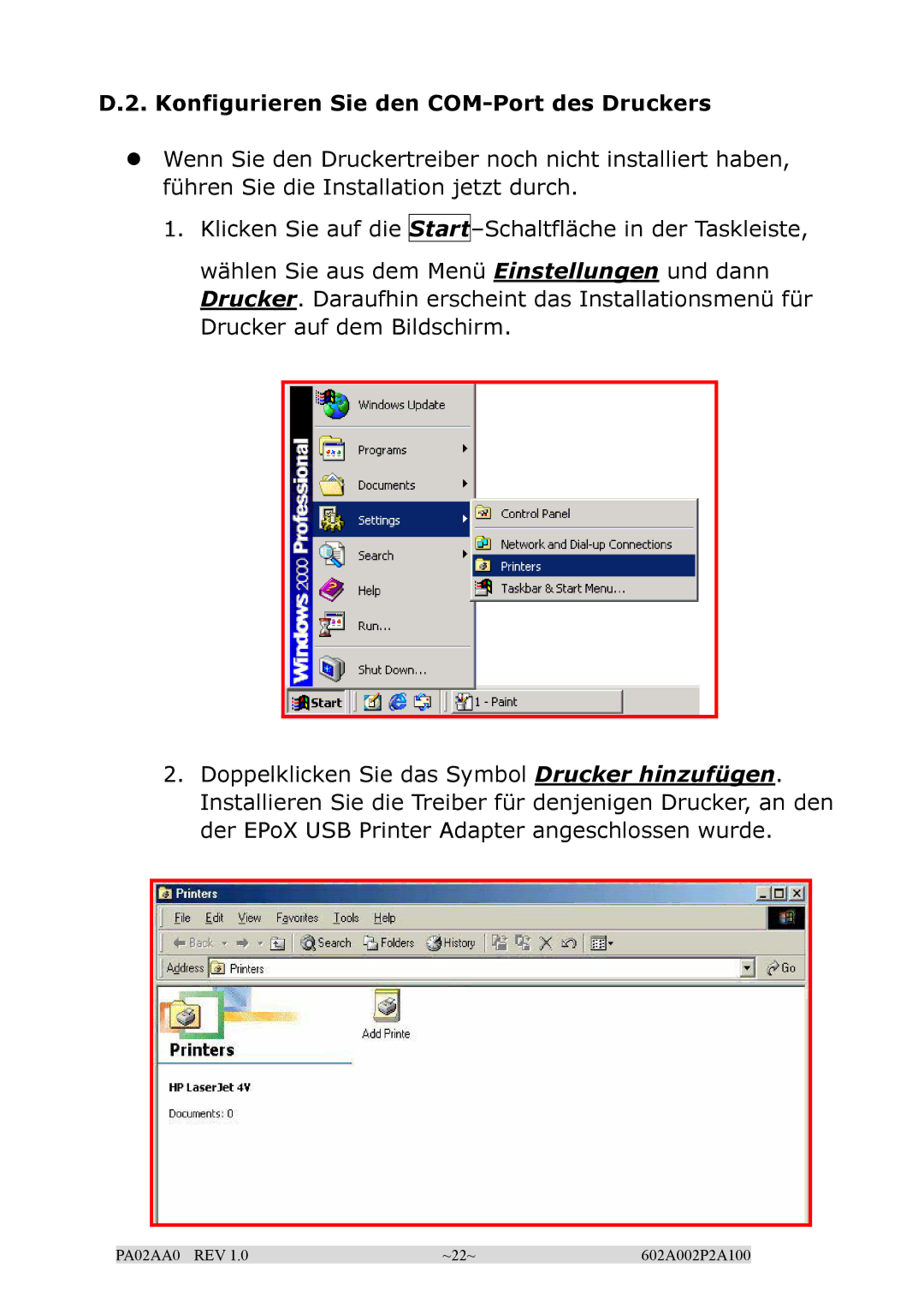 EPoX Computer BT-PA02A manual Konfigurieren Sie den COM-Port des Druckers 