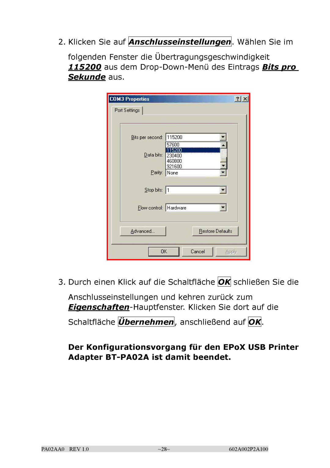 EPoX Computer BT-PA02A manual Anschlusseinstellungen. Wählen Sie im 