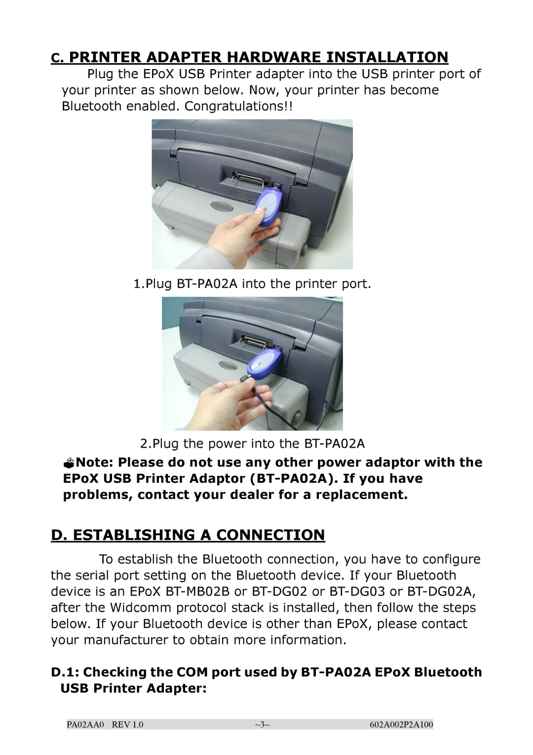 EPoX Computer BT-PA02A manual Printer Adapter Hardware Installation 