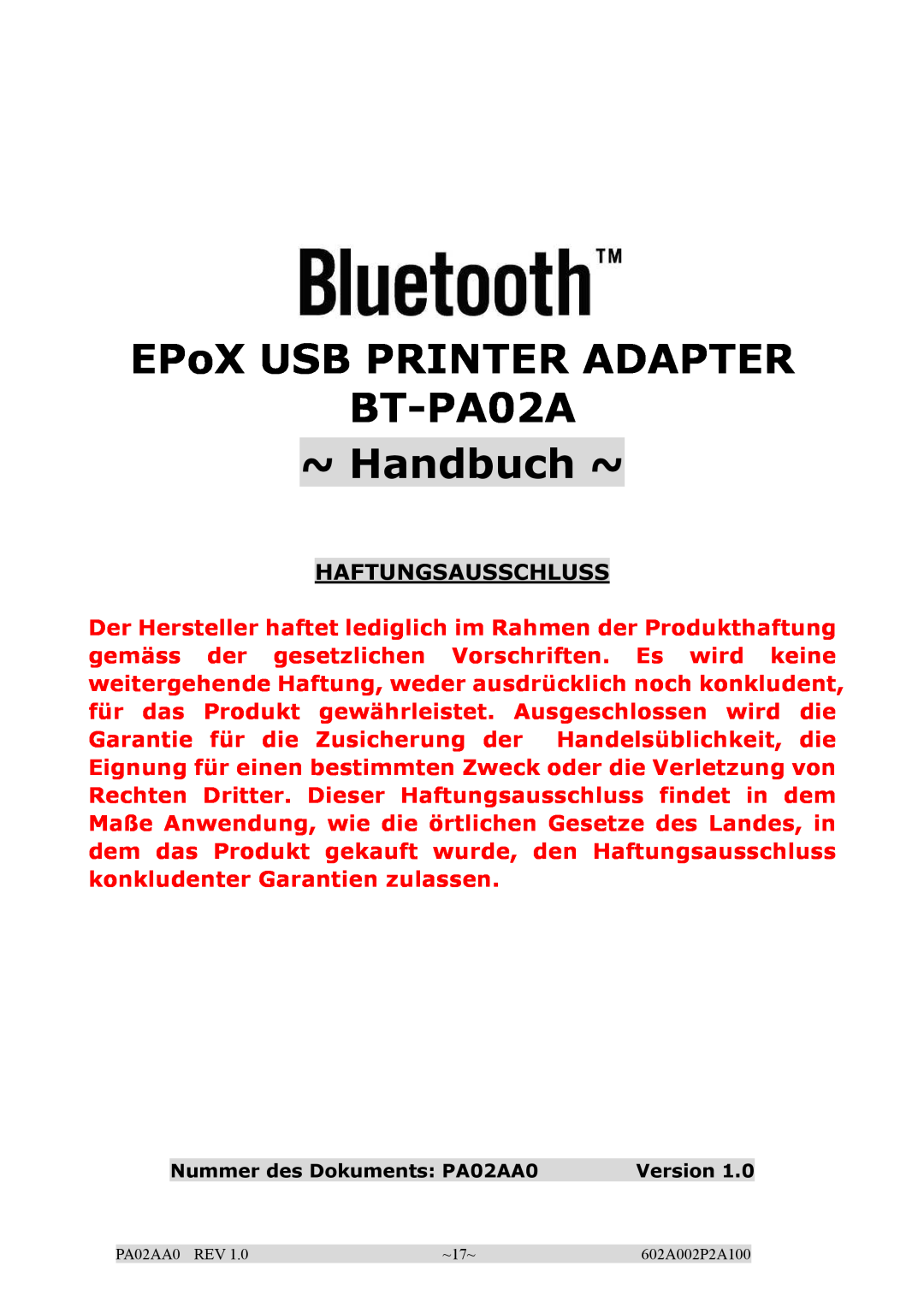 EPoX Computer manual EPoX USB PRINTER ADAPTER BT-PA02A ~ Handbuch ~, Haftungsausschluss 