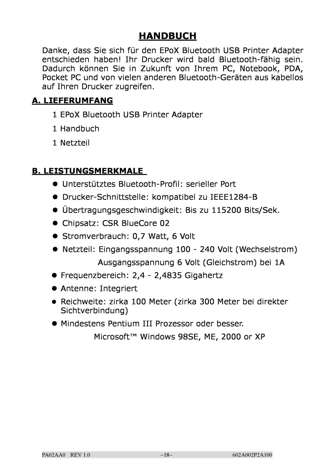 EPoX Computer BT-PA02A manual Handbuch, A. Lieferumfang, B. Leistungsmerkmale 