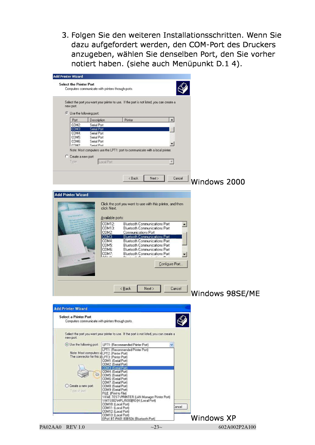 EPoX Computer BT-PA02A manual Windows Windows 98SE/ME Windows XP, PA02AA0 REV, ~23~, 602A002P2A100 