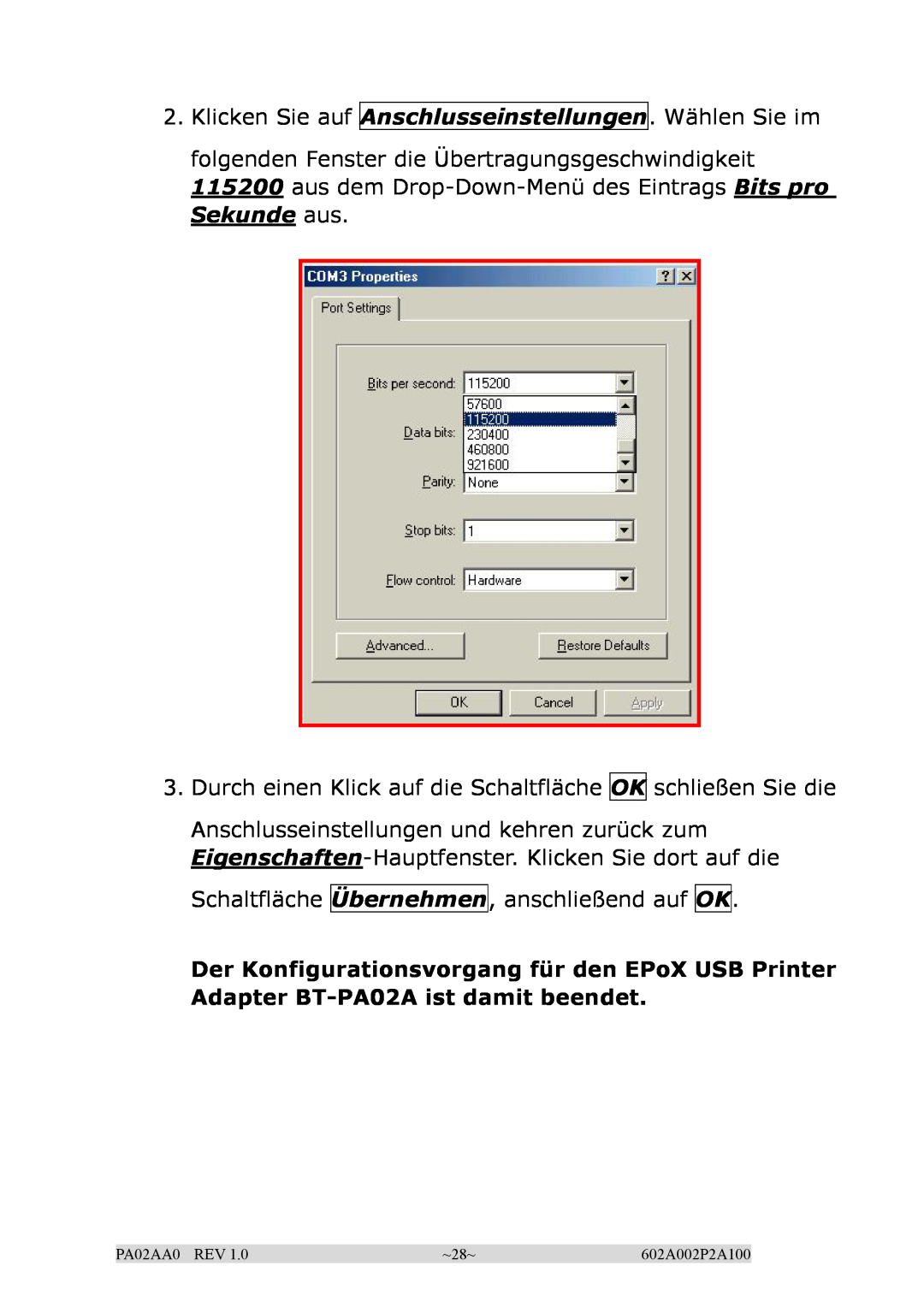 EPoX Computer BT-PA02A manual Klicken Sie auf, Anschlusseinstellungen. Wählen Sie im, schließen Sie die, PA02AA0 REV, ~28~ 