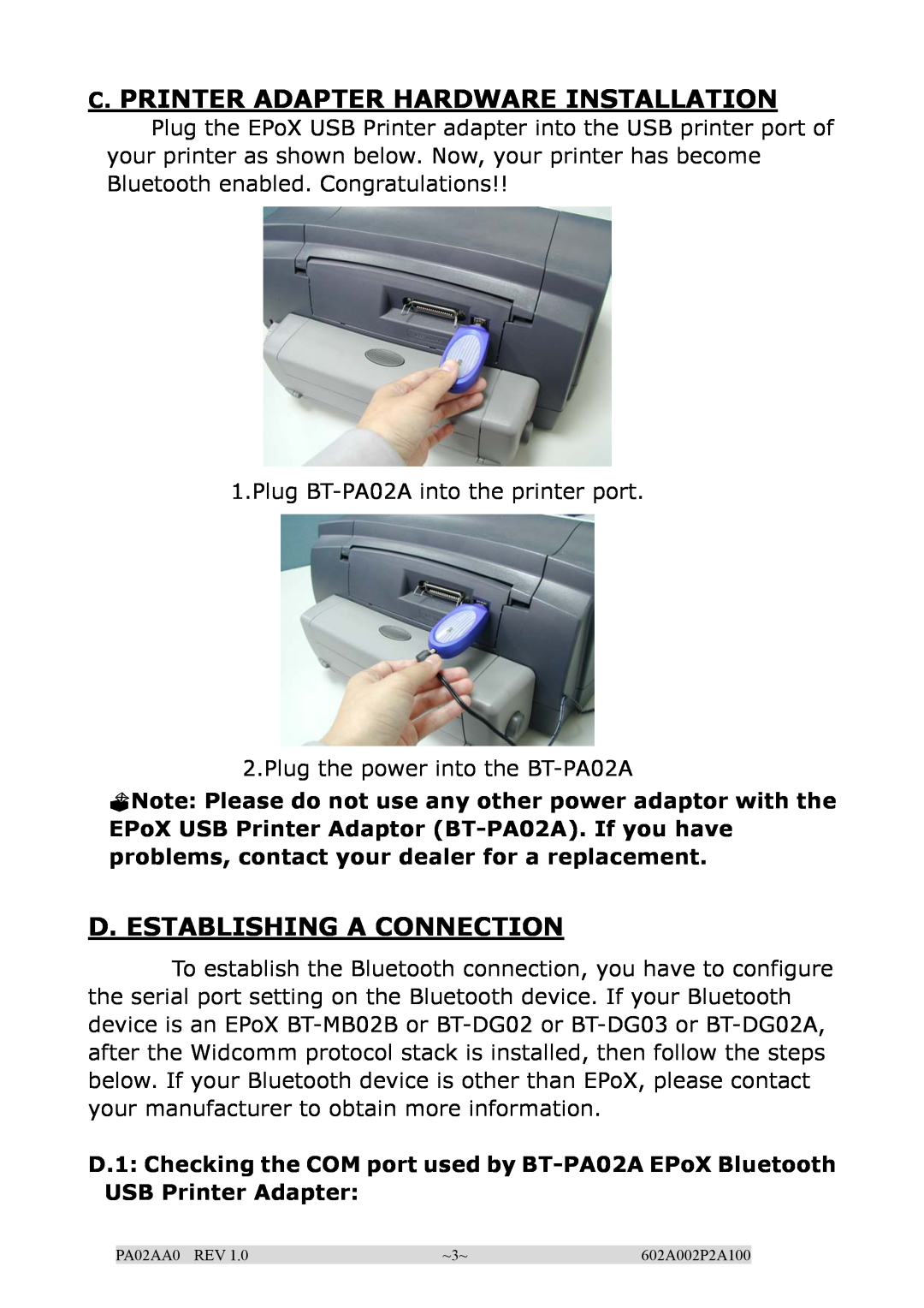 EPoX Computer BT-PA02A manual C. Printer Adapter Hardware Installation, D. Establishing A Connection 