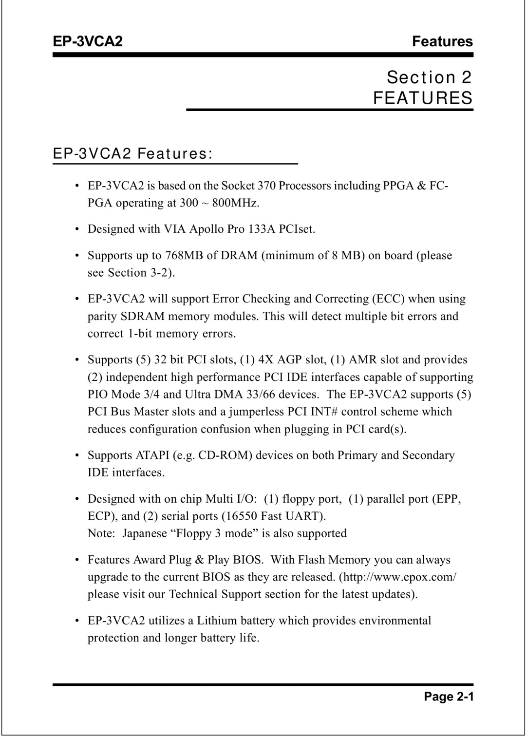 EPoX Computer specifications EP-3VCA2 Features 