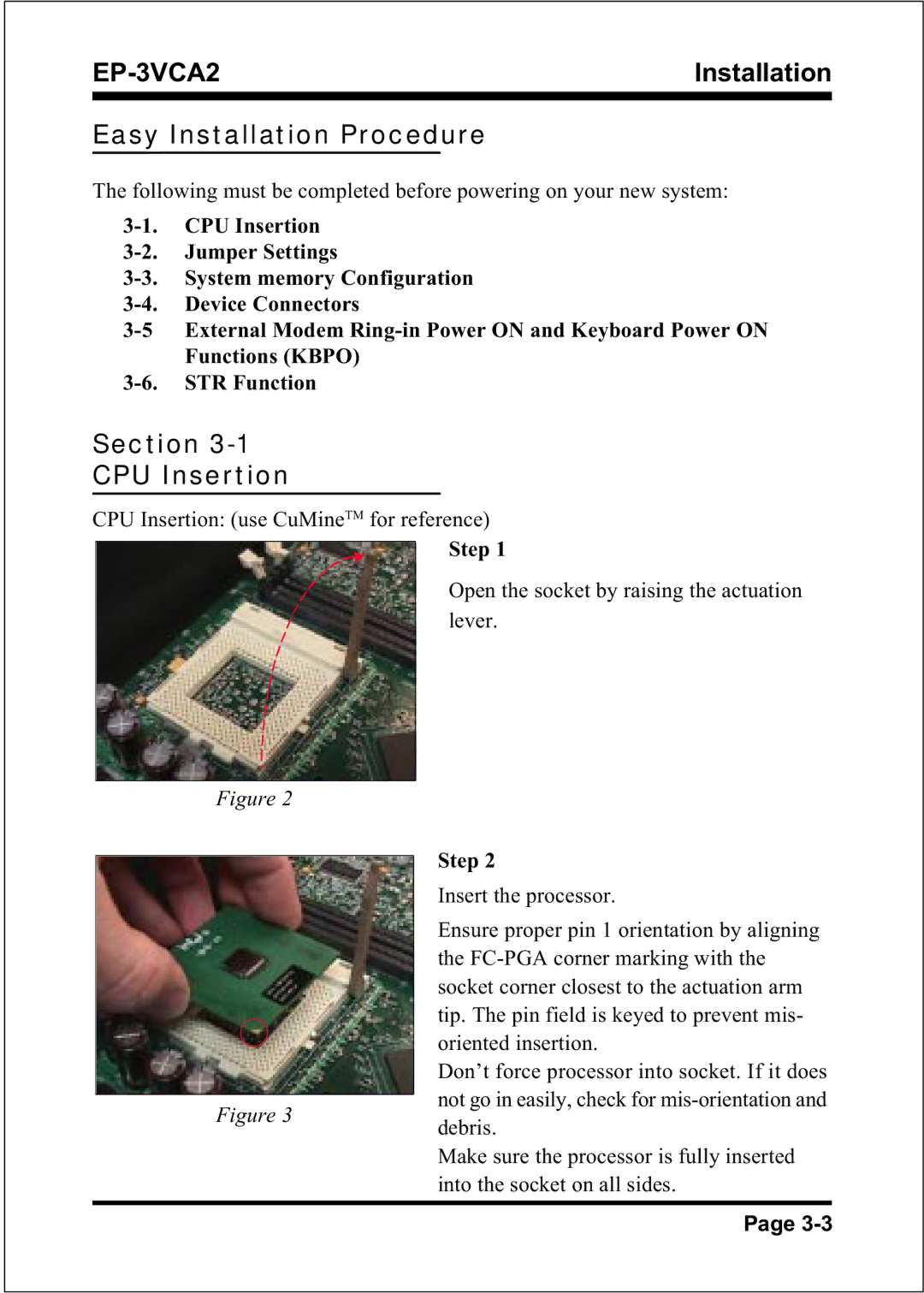 EPoX Computer EP-3VCA2 specifications Easy Installation Procedure, Section CPU Insertion 