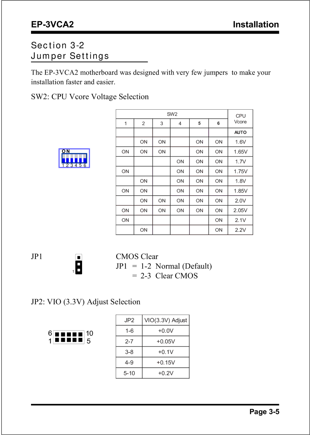 EPoX Computer EP-3VCA2 specifications Section Jumper Settings, JP1 