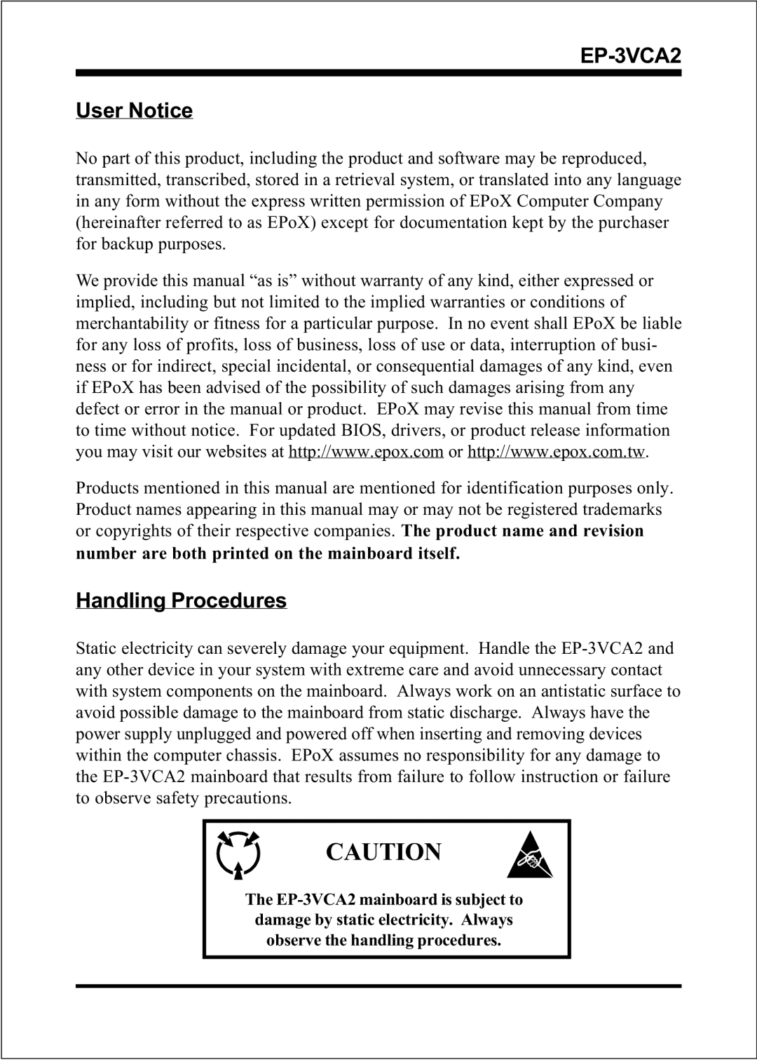 EPoX Computer EP-3VCA2 specifications User Notice, Handling Procedures 