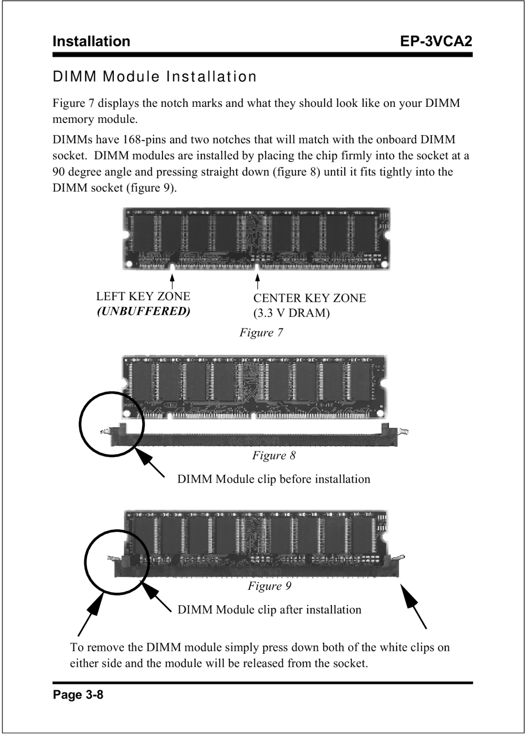 EPoX Computer EP-3VCA2 specifications Dimm Module Installation, Unbuffered 