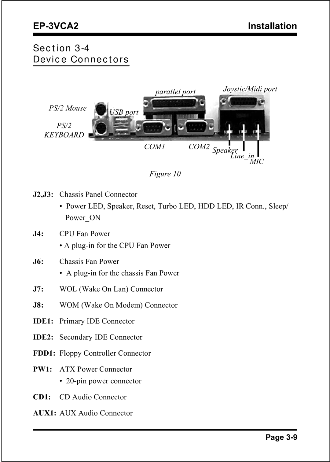 EPoX Computer EP-3VCA2 specifications Section Device Connectors 