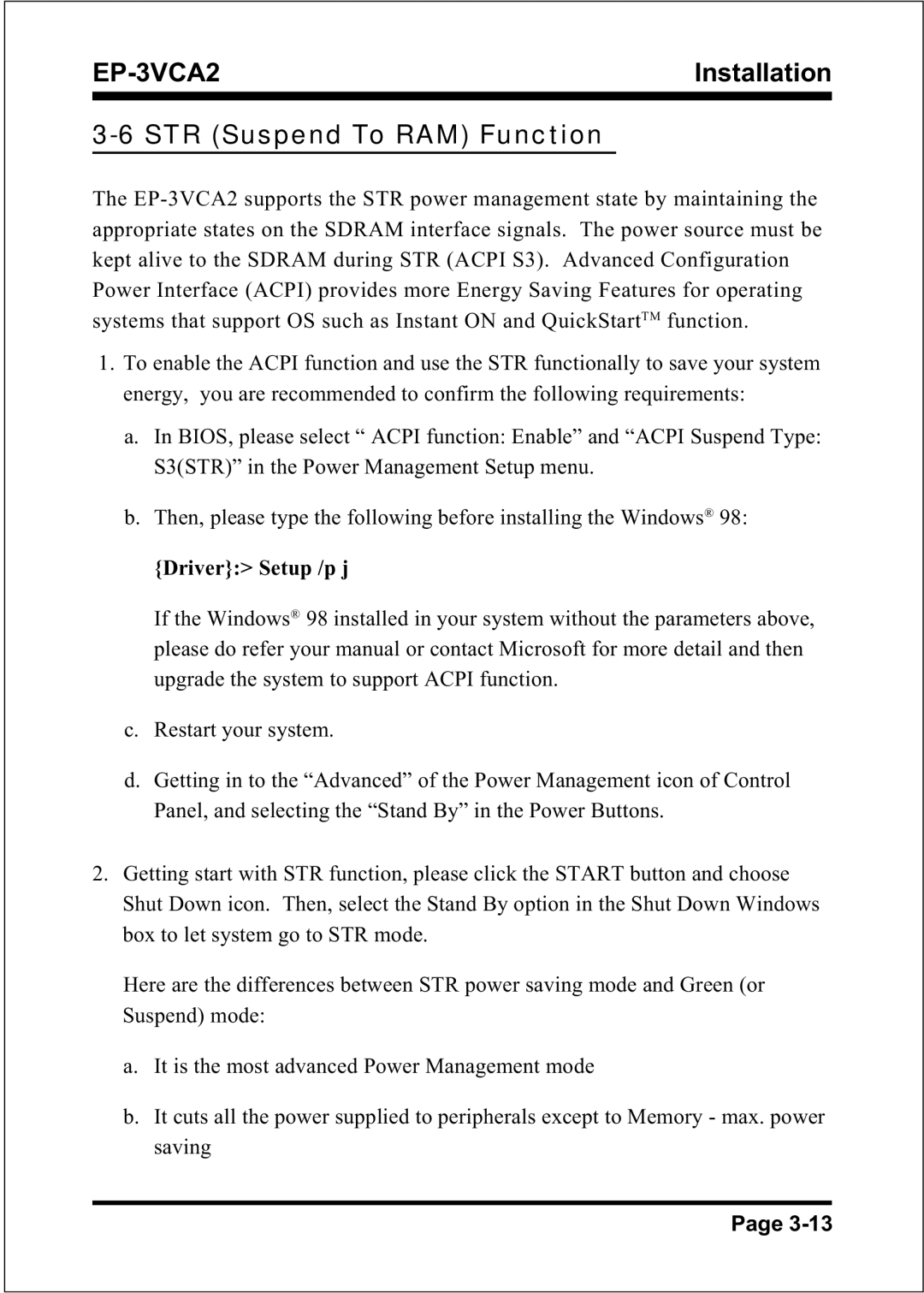 EPoX Computer EP-3VCA2 specifications STR Suspend To RAM Function 