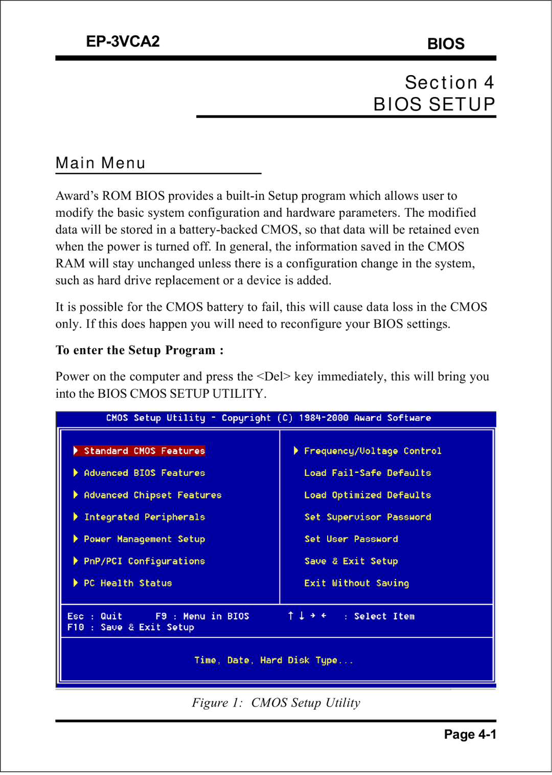 EPoX Computer EP-3VCA2 specifications Bios Setup, Main Menu 