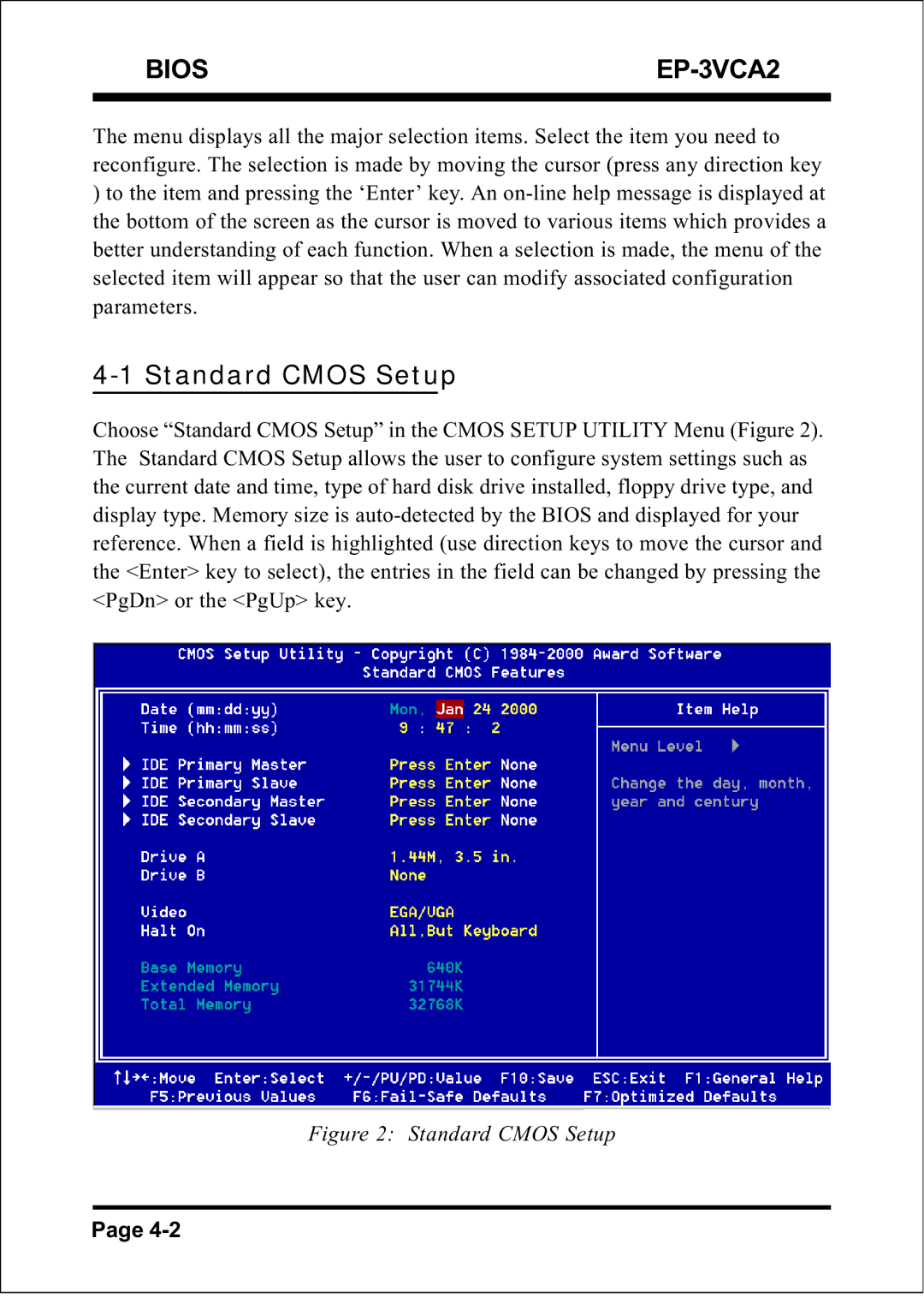 EPoX Computer specifications Bios EP-3VCA2, Standard Cmos Setup 