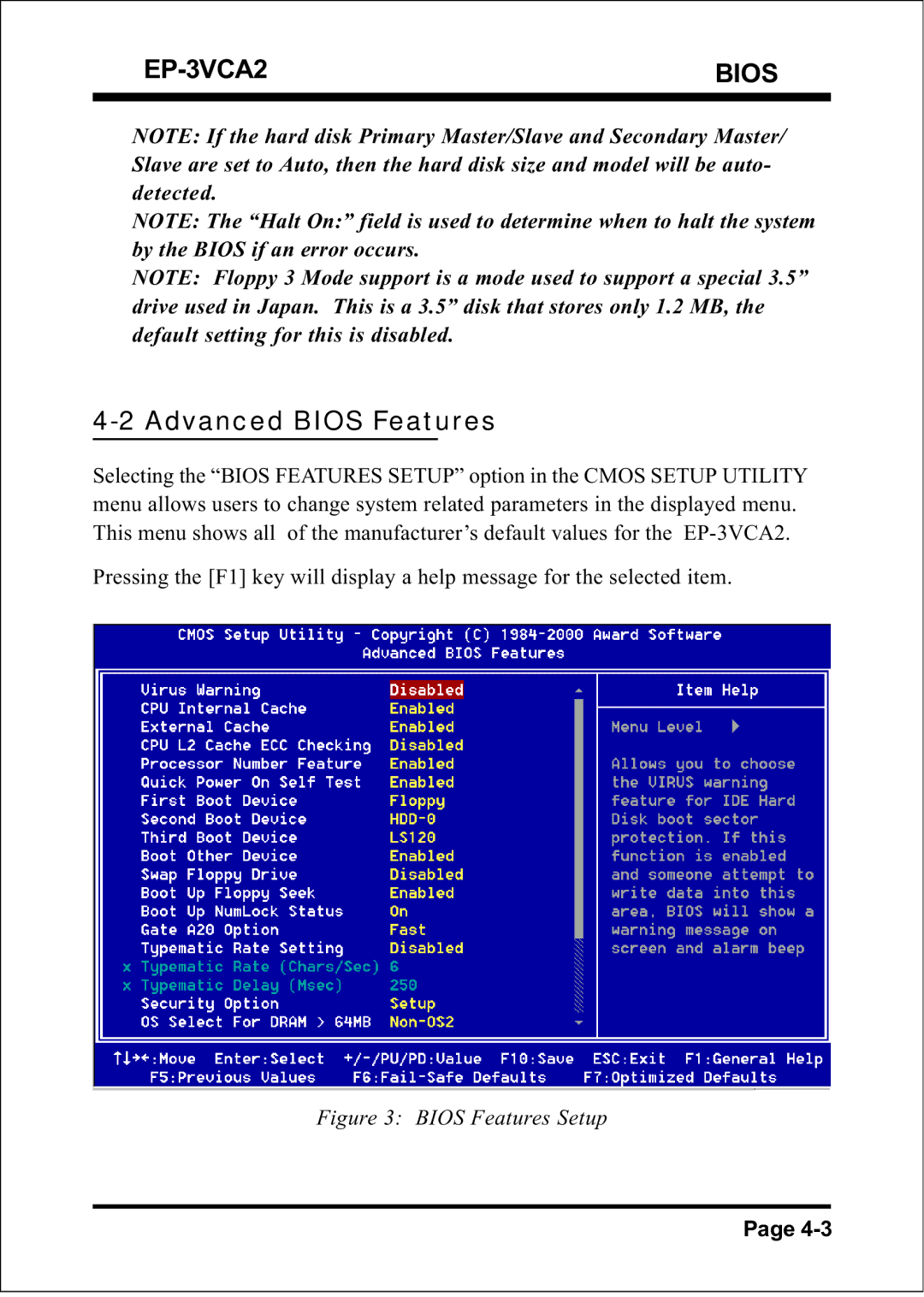 EPoX Computer EP-3VCA2 specifications Advanced Bios Features, Bios Features Setup 