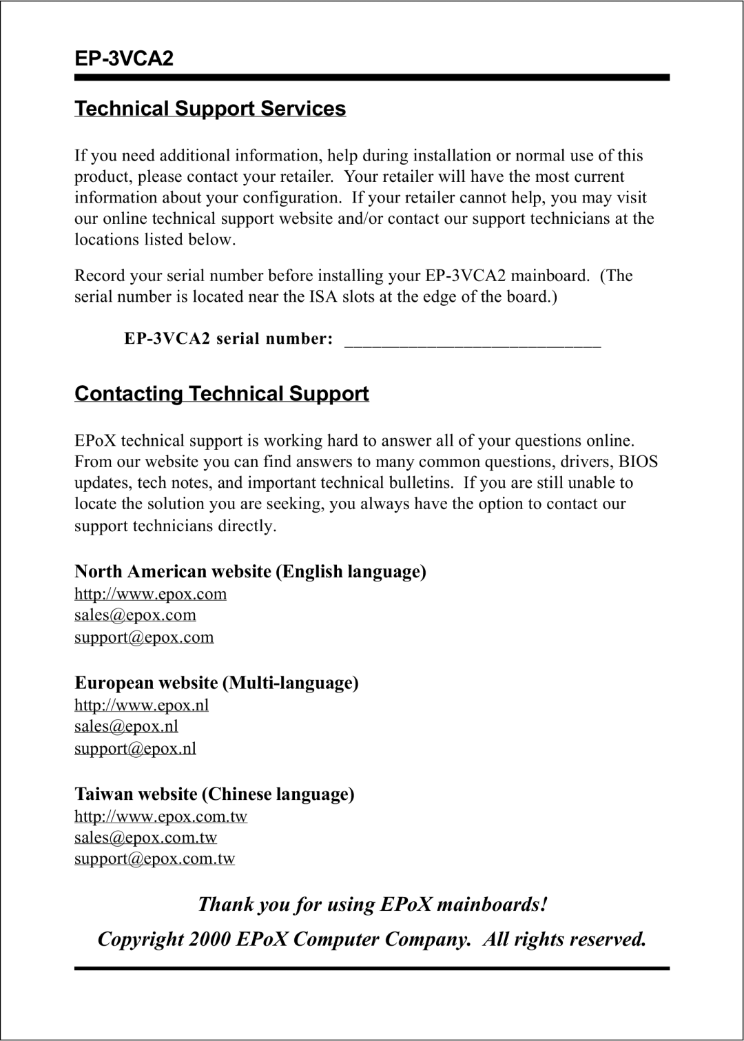 EPoX Computer EP-3VCA2 specifications Technical Support Services, Contacting Technical Support 