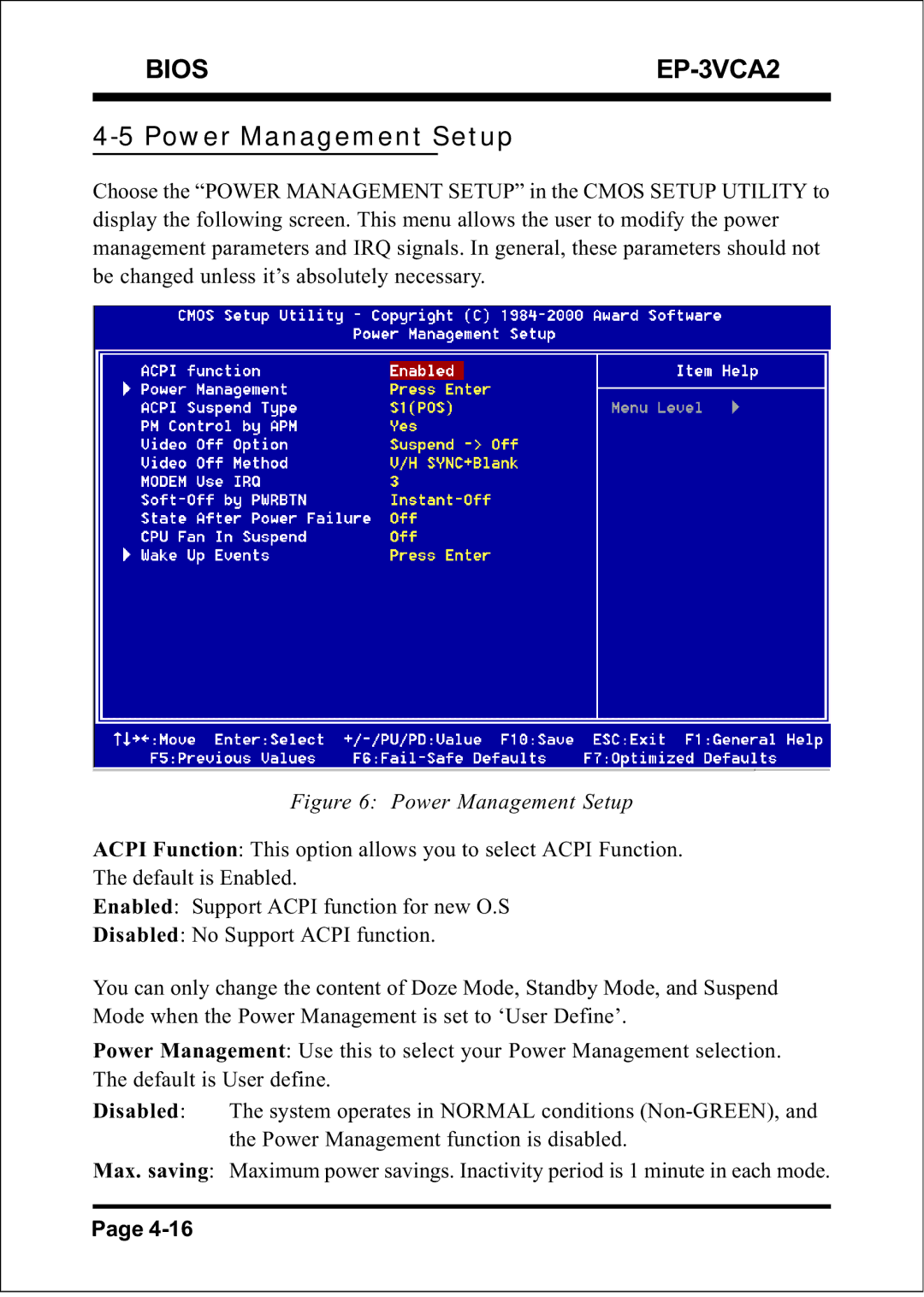 EPoX Computer EP-3VCA2 specifications Power Management Setup 