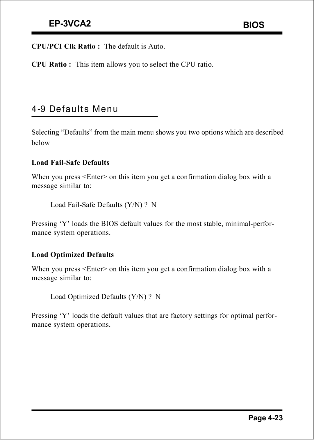 EPoX Computer EP-3VCA2 specifications Defaults Menu 