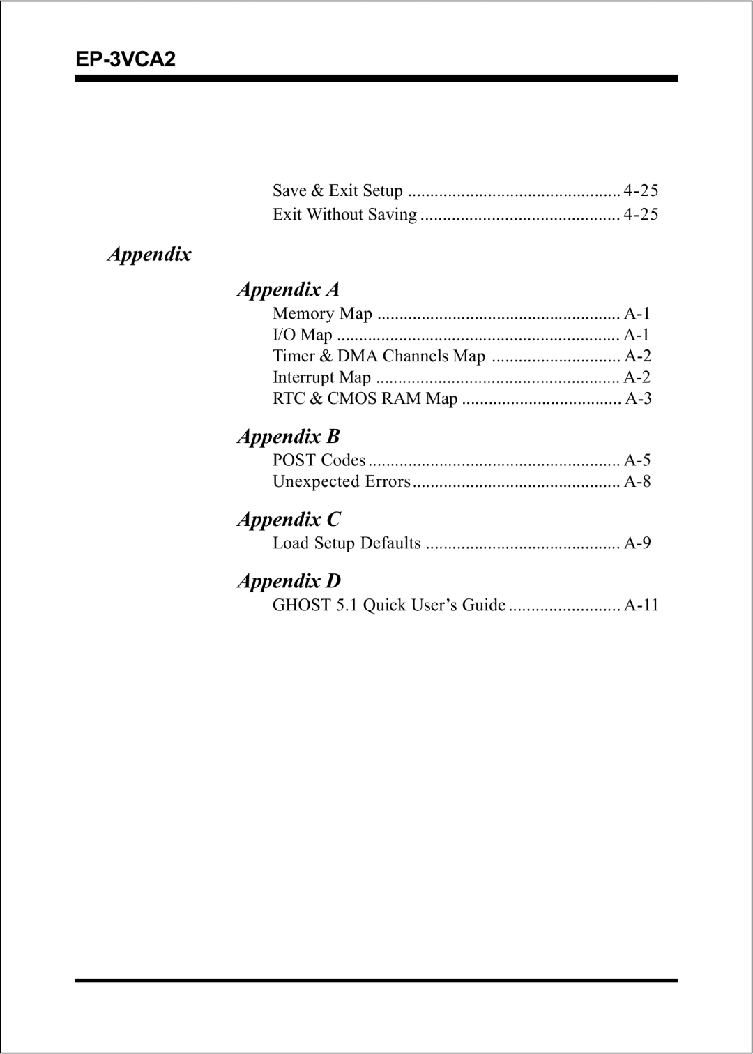 EPoX Computer EP-3VCA2 specifications Appendix Appendix a, Appendix B, Appendix C, Appendix D 