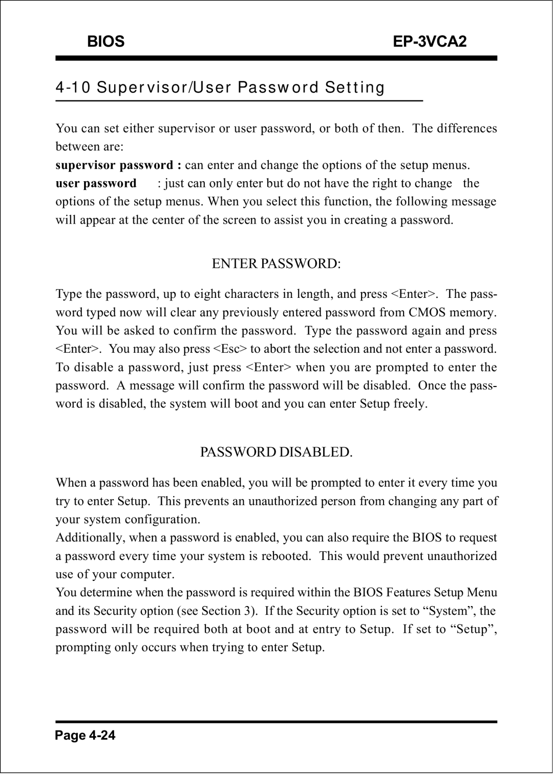 EPoX Computer EP-3VCA2 specifications Supervisor/User Password Setting, Enter Password 