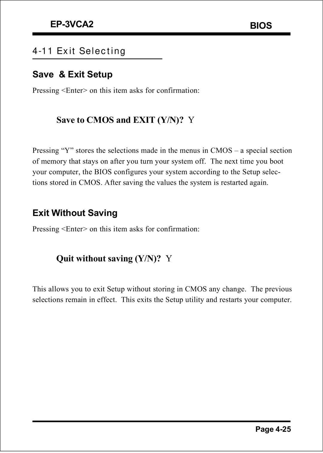 EPoX Computer EP-3VCA2 specifications Exit Selecting Save & Exit Setup, Save to Cmos and Exit Y/N? Y, Exit Without Saving 