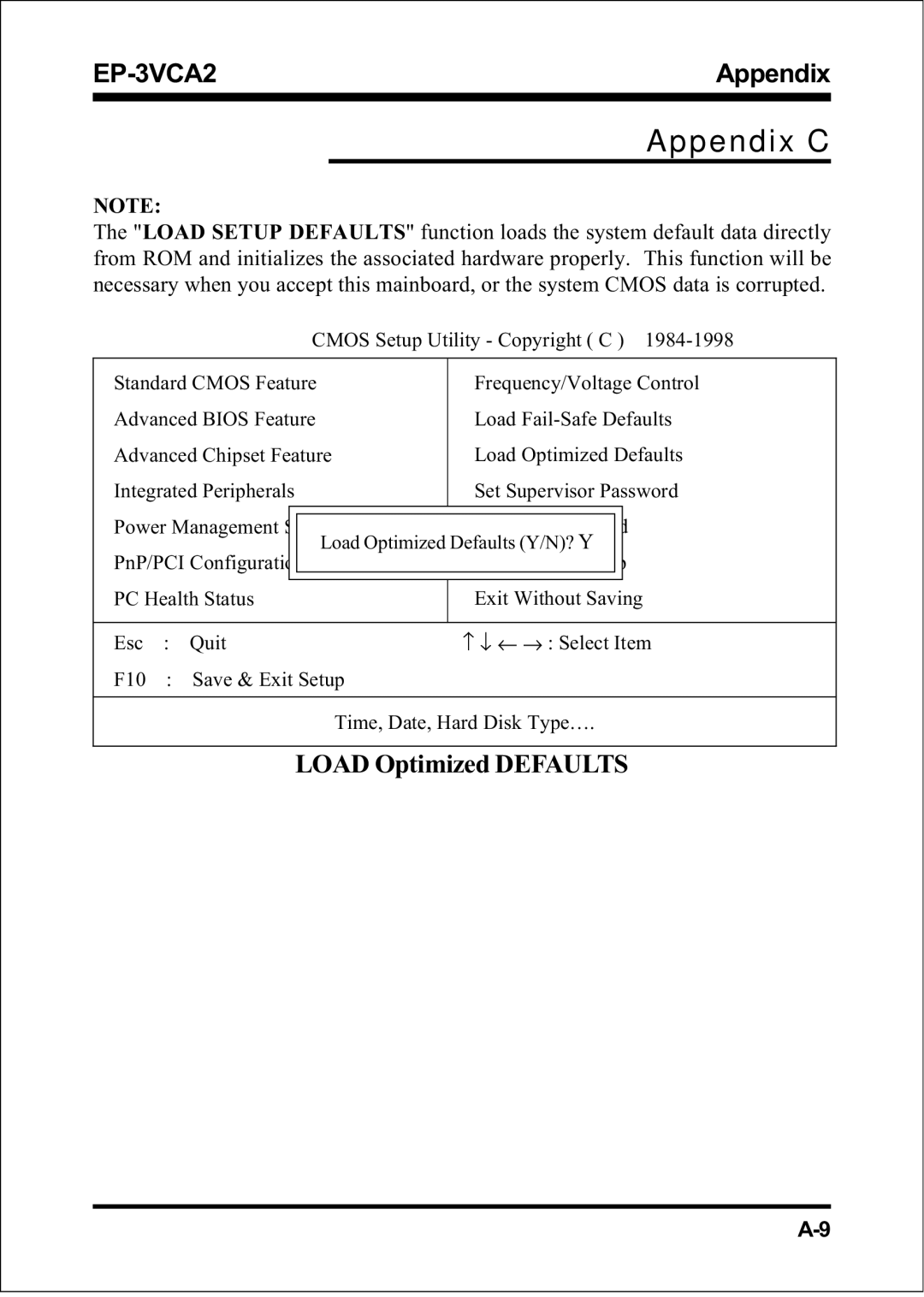 EPoX Computer EP-3VCA2 specifications Appendix C, Load Optimized Defaults 