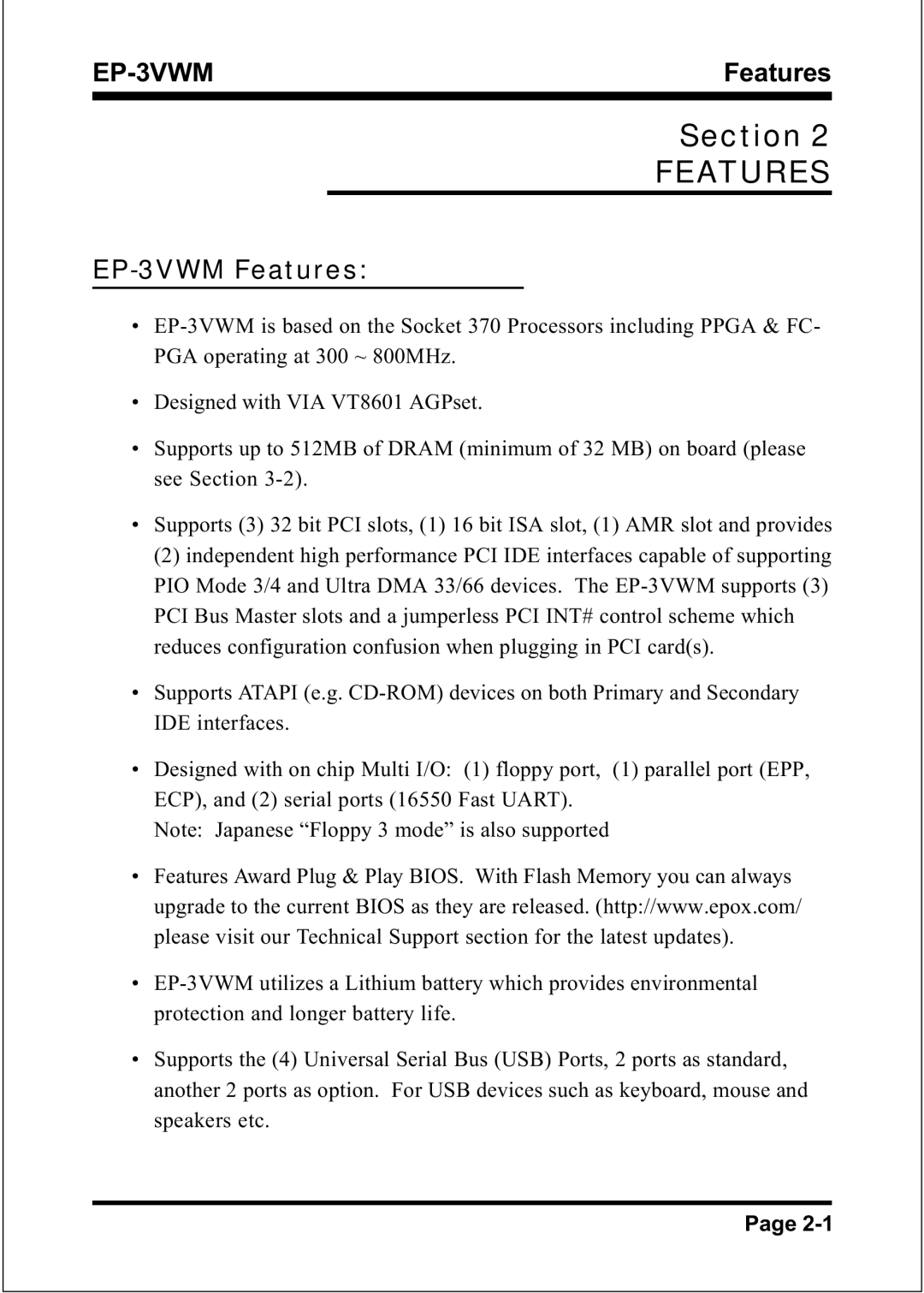 EPoX Computer specifications EP-3VWM Features 