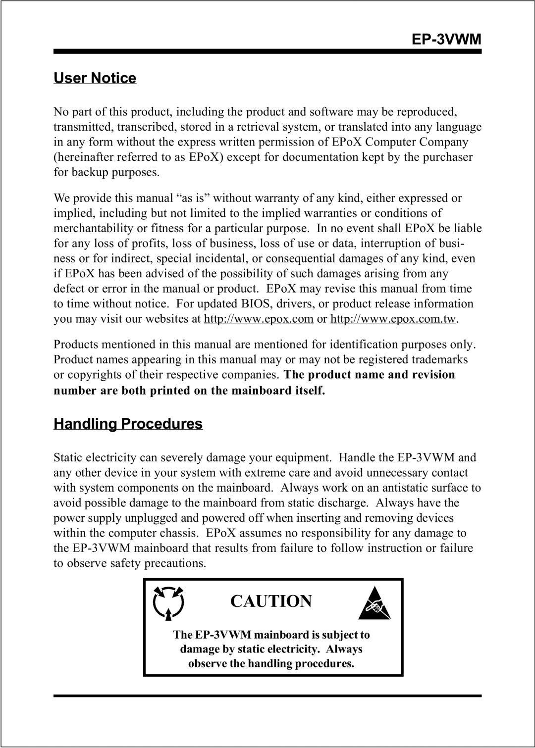 EPoX Computer EP-3VWM specifications User Notice, Handling Procedures 