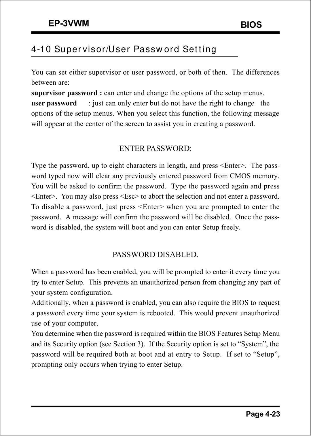 EPoX Computer EP-3VWM specifications Supervisor/User Password Setting, Enter Password 