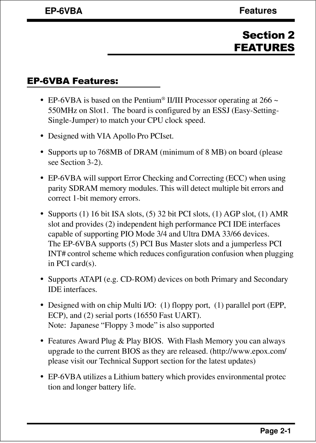 EPoX Computer specifications EP-6VBA Features 