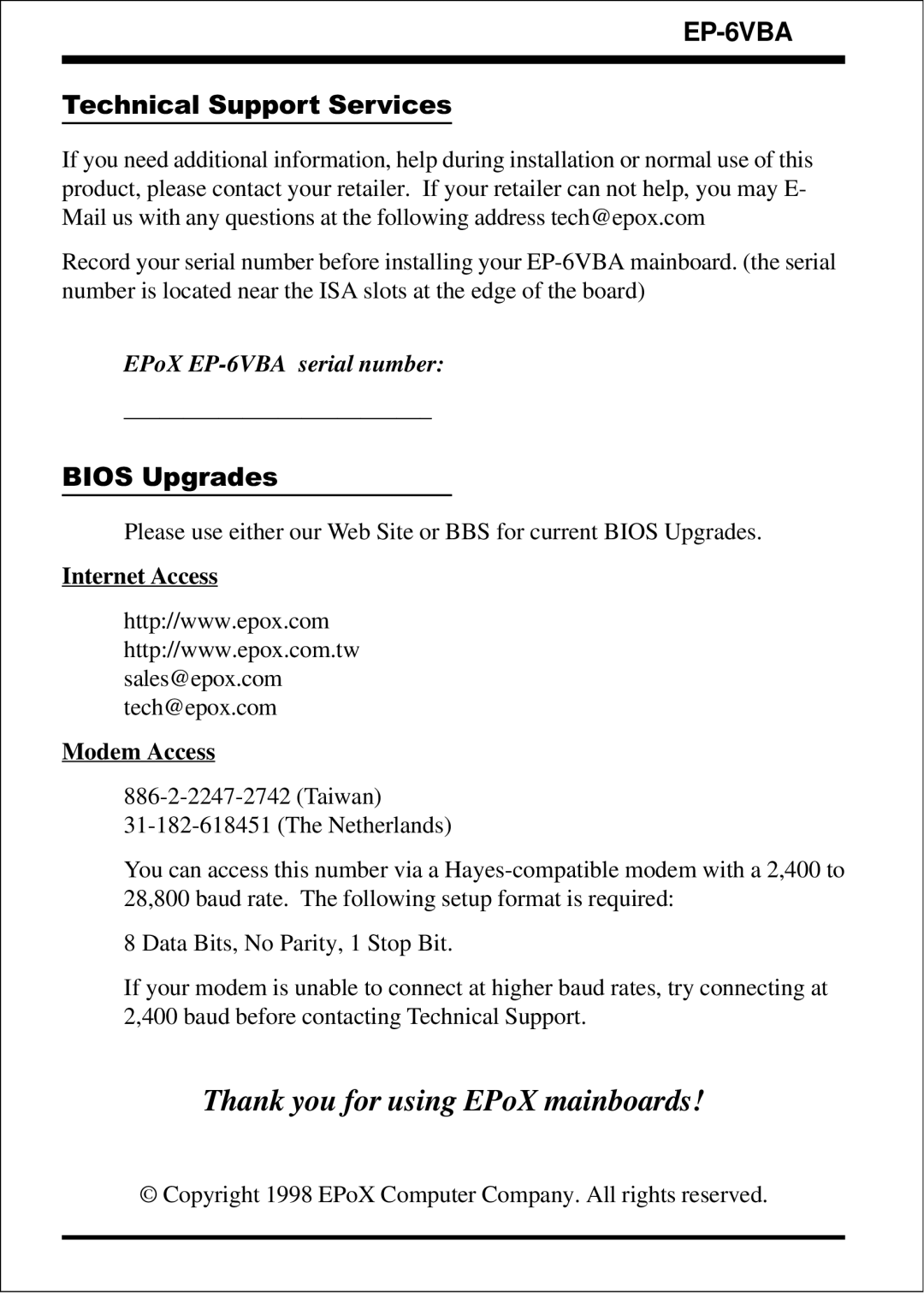 EPoX Computer EP-6VBA specifications Technical Support Services, Bios Upgrades, Internet Access, Modem Access 