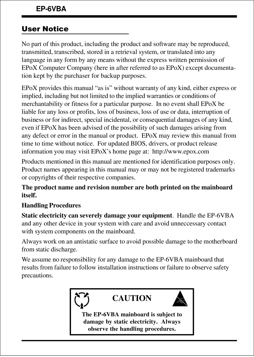 EPoX Computer EP-6VBA specifications User Notice 