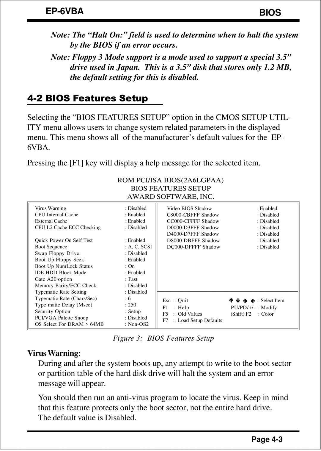 EPoX Computer EP-6VBA specifications Bios Features Setup, Virus Warning 