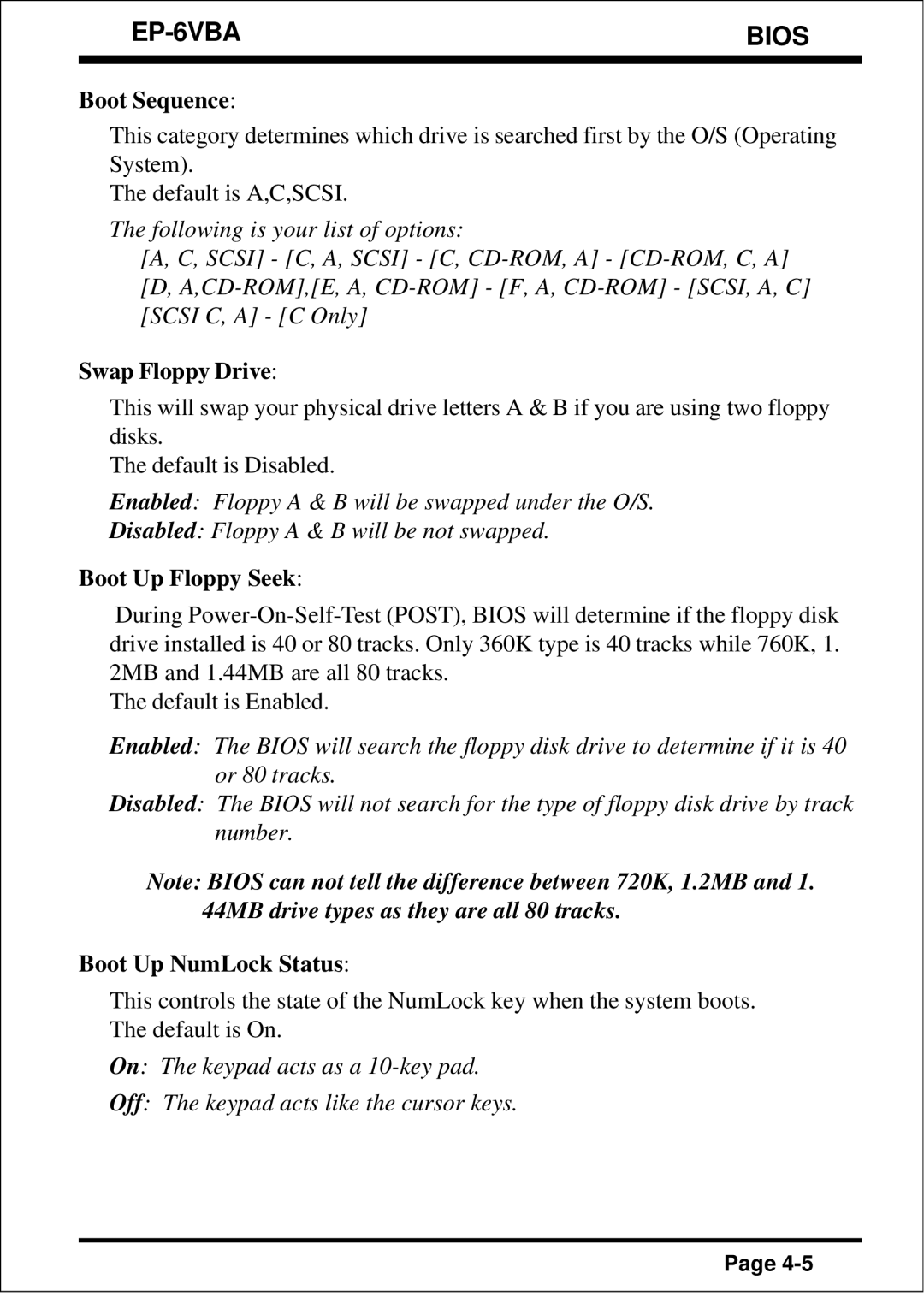 EPoX Computer EP-6VBA specifications Boot Sequence, Swap Floppy Drive, Boot Up Floppy Seek, Boot Up NumLock Status 