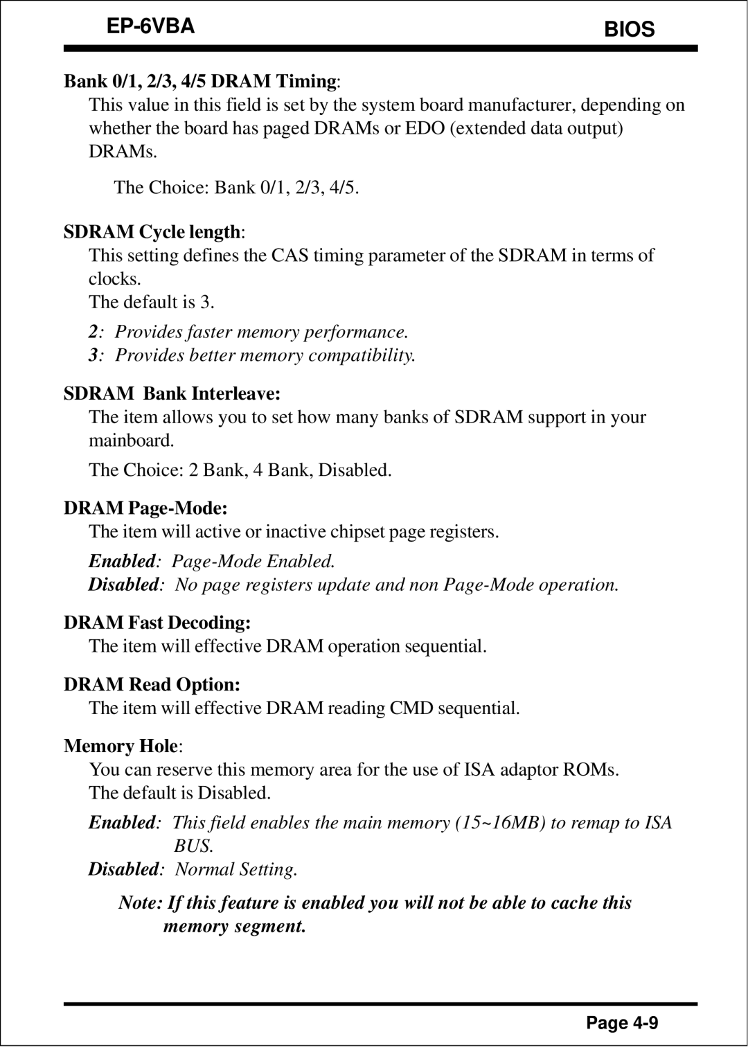 EPoX Computer EP-6VBA Bank 0/1, 2/3, 4/5 Dram Timing, Sdram Cycle length, Sdram Bank Interleave, Dram Page-Mode 