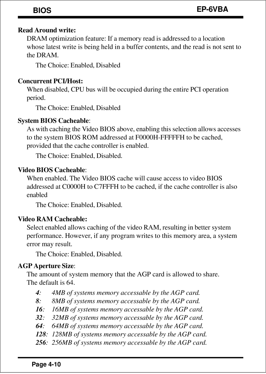 EPoX Computer EP-6VBA specifications Read Around write, Concurrent PCI/Host, System Bios Cacheable, Video Bios Cacheable 