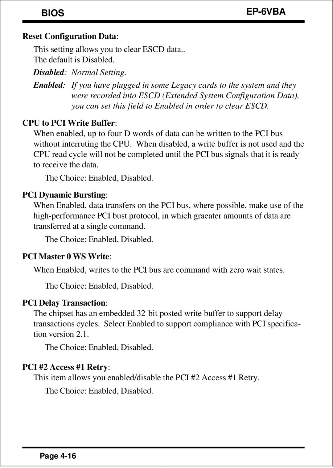 EPoX Computer EP-6VBA Reset Configuration Data, CPU to PCI Write Buffer, PCI Dynamic Bursting, PCI Master 0 WS Write 