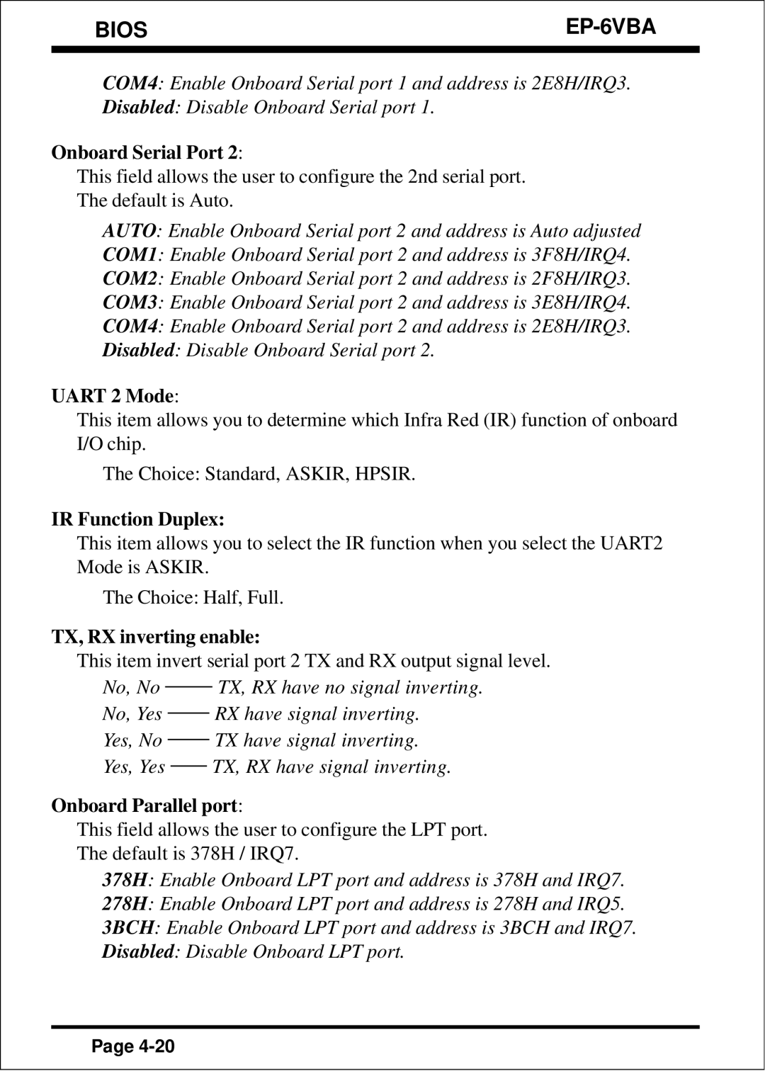 EPoX Computer EP-6VBA specifications Uart 2 Mode, IR Function Duplex, TX, RX inverting enable, Onboard Parallel port 