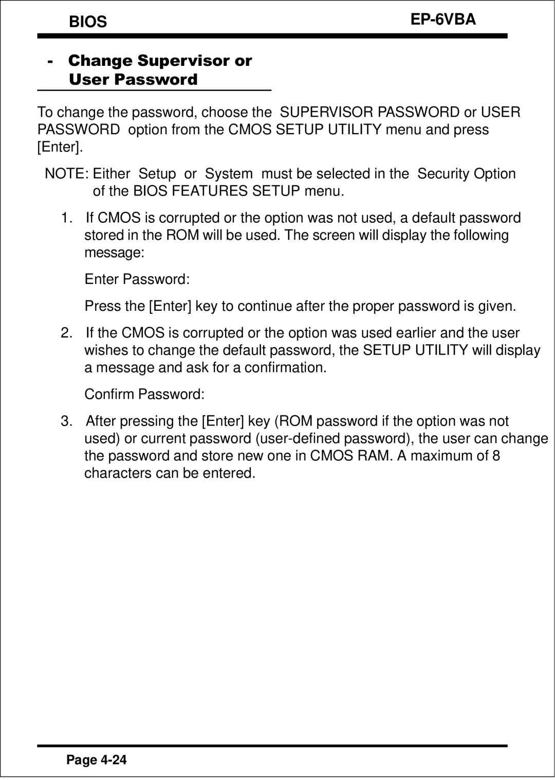 EPoX Computer EP-6VBA specifications Change Supervisor or User Password 