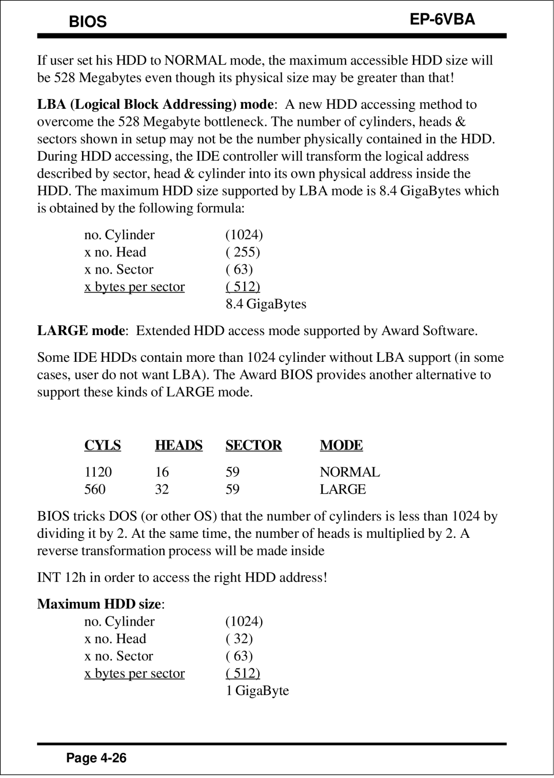 EPoX Computer EP-6VBA specifications Cyls Heads Sector Mode, Maximum HDD size 