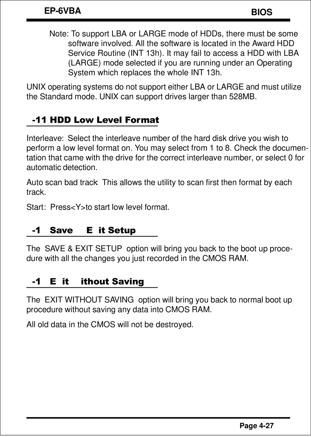 EPoX Computer EP-6VBA specifications HDD Low Level Format, Save & Exit Setup, Exit Without Saving 