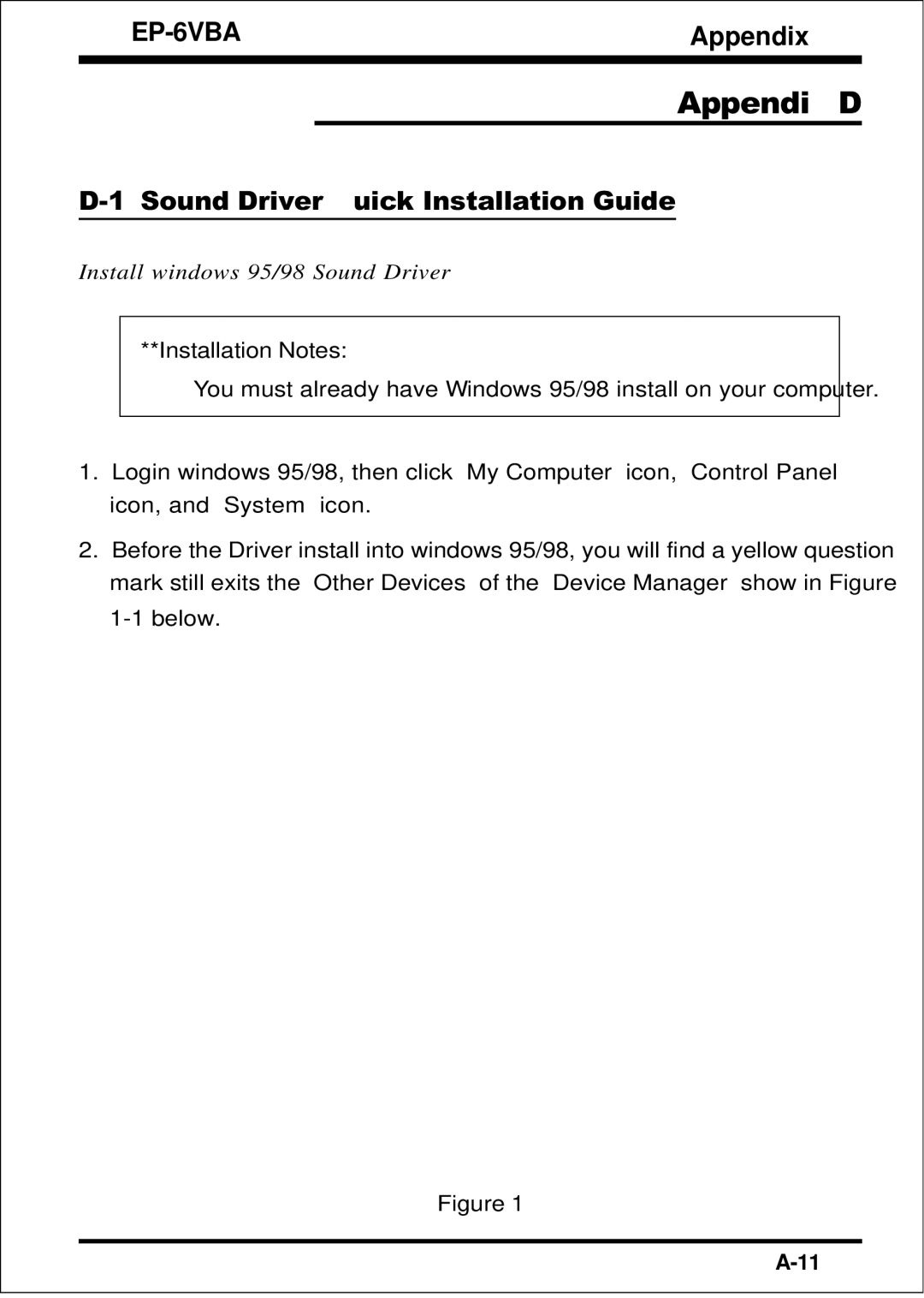 EPoX Computer EP-6VBA specifications Appendix D, Sound Driver Quick Installation Guide 