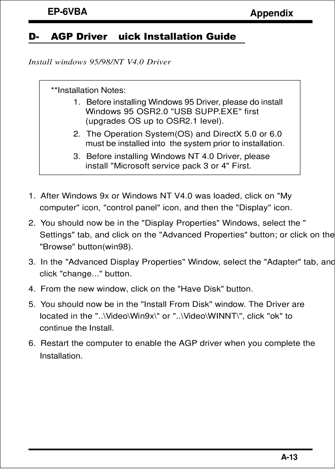 EPoX Computer EP-6VBA specifications AGP Driver Quick Installation Guide, Install windows 95/98/NT V4.0 Driver 