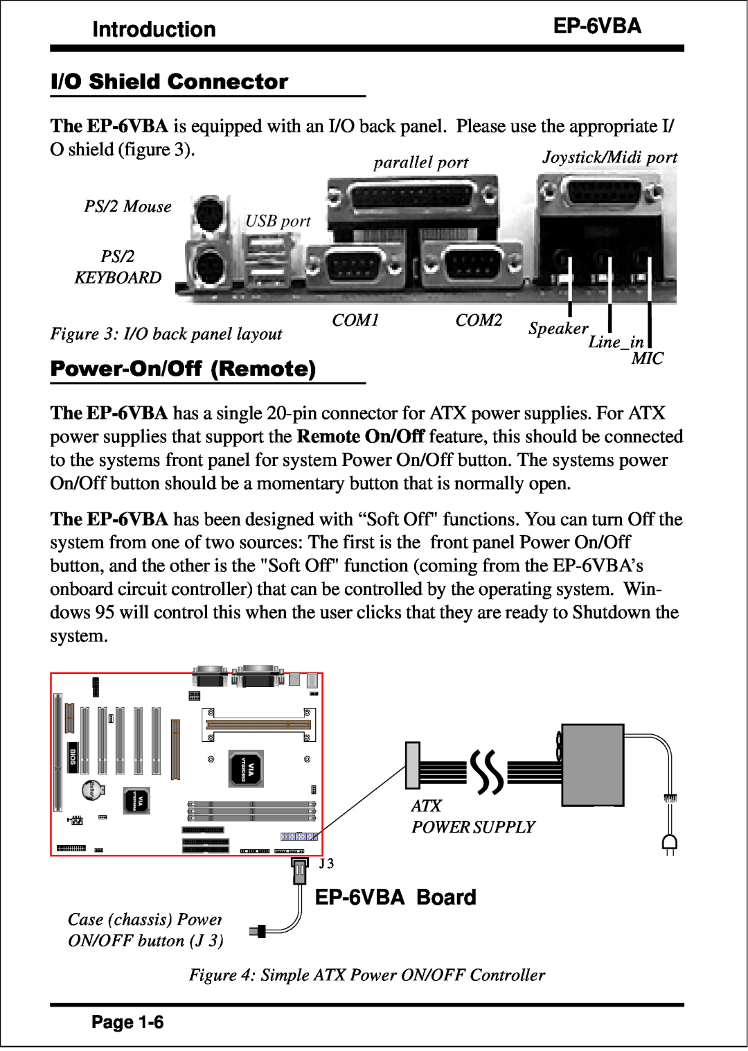 EPoX Computer specifications IntroductionEP-6VBA, I/O Shield Connector, Power-On/Off Remote, EP-6VBA Board 