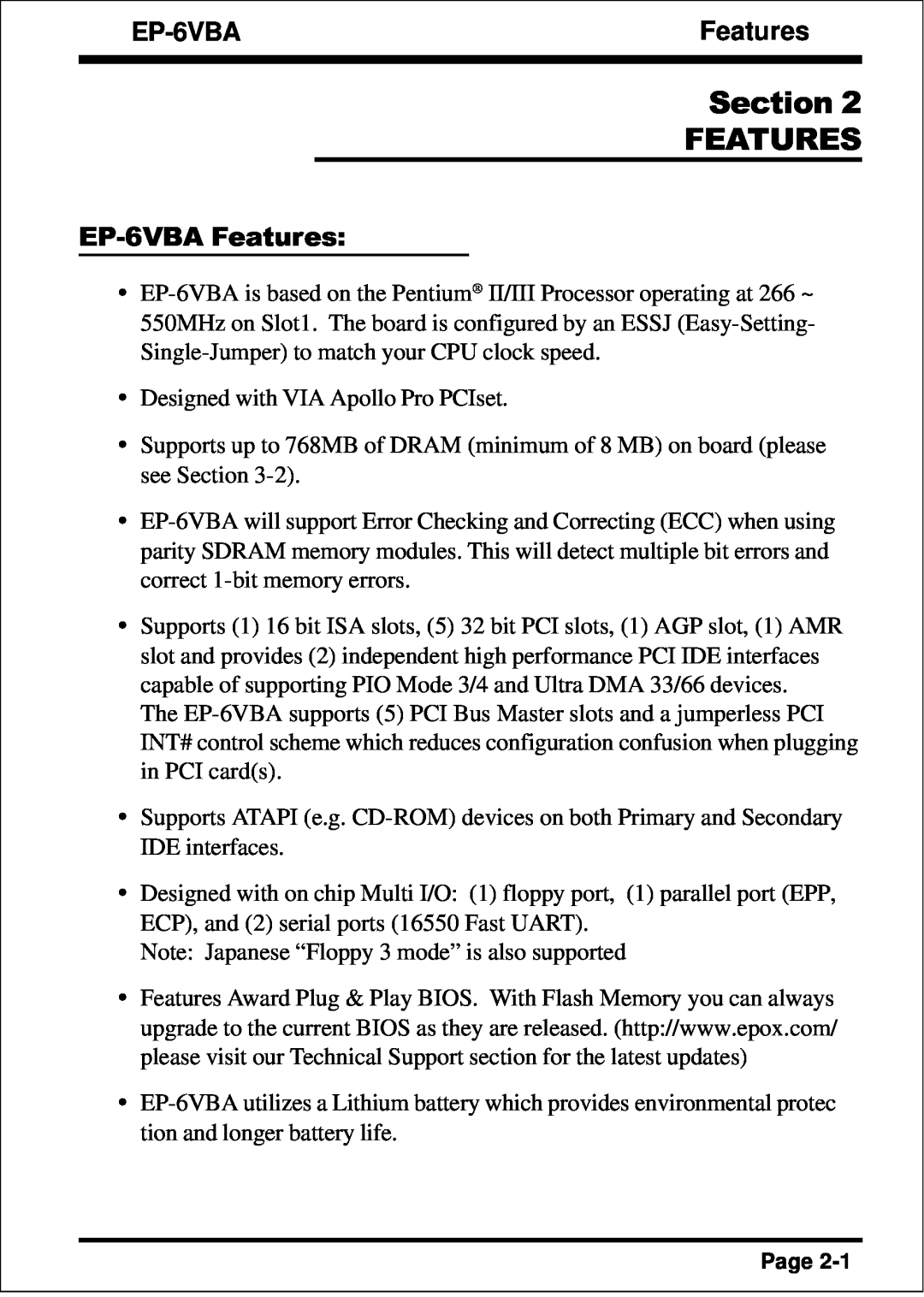 EPoX Computer specifications Section FEATURES, EP-6VBA Features 